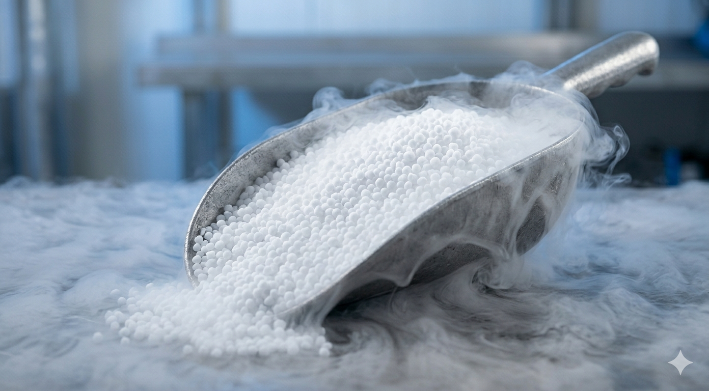 Small 3mm dry ice pellets in a metal scoop with thick cooling smoke for industrial cleaning and logistics.