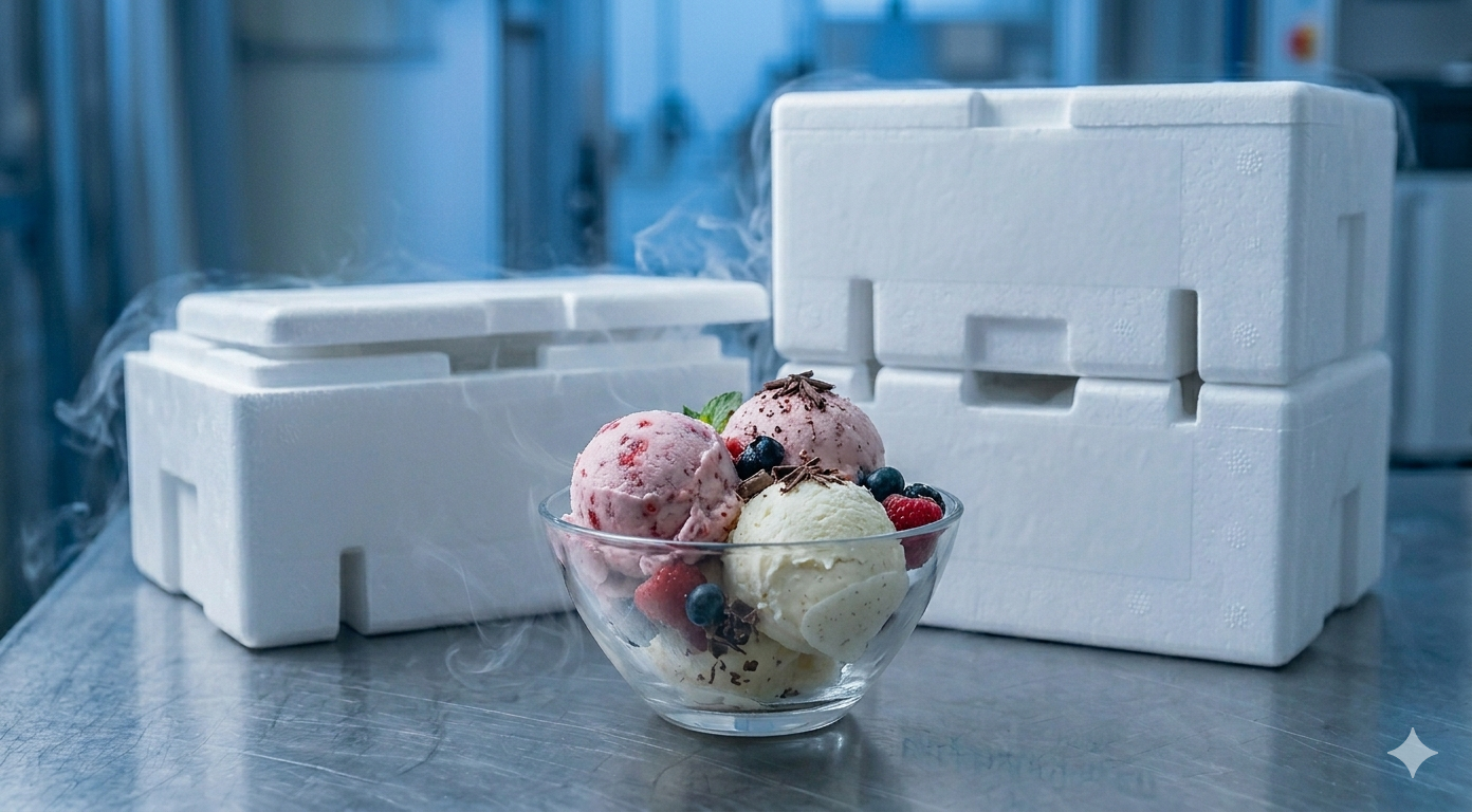 A clear bowl of fresh ice cream in the foreground, with stacked clean white styrofoam preservation kits in the background, set on a metallic surface under cool blue lighting.