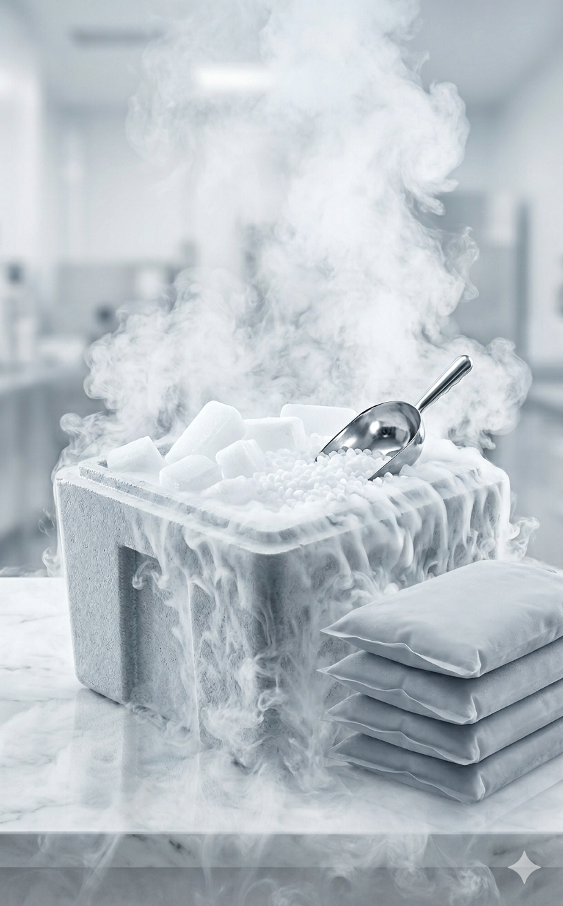 Fuming dry ice pellets in a container with a metal scoop, next to a stack of plain gel packs. Best cold chain cooling solution.