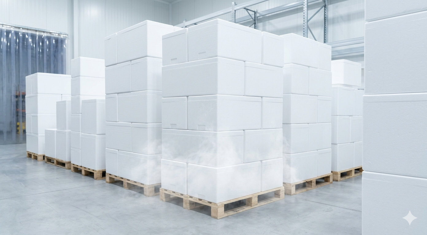 Stacked white expanded polystyrene (EPS) thermopore boxes on wooden pallets in a clean, organized cold chain logistics facility.