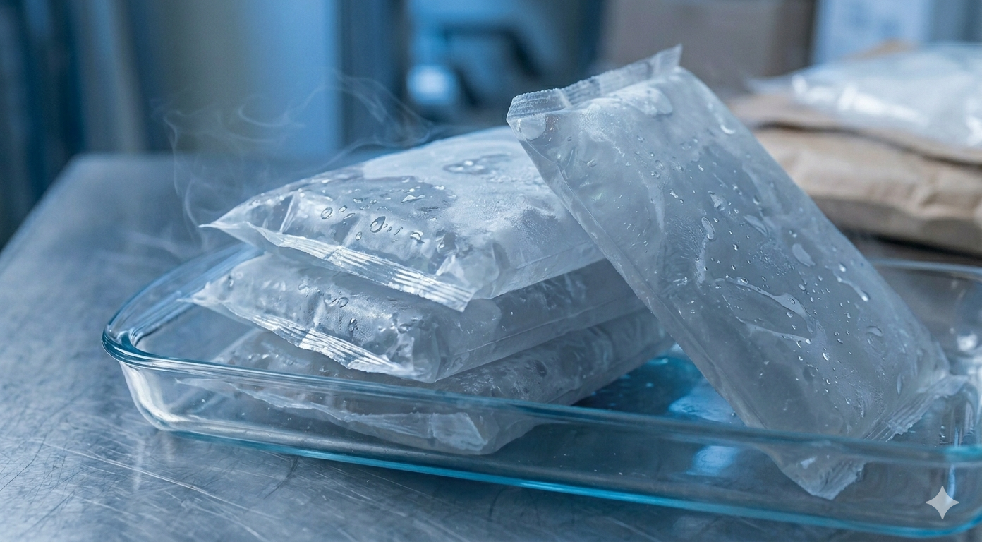 Stacked frozen ice gel packs with frost and condensation for temperature-sensitive shipping.
