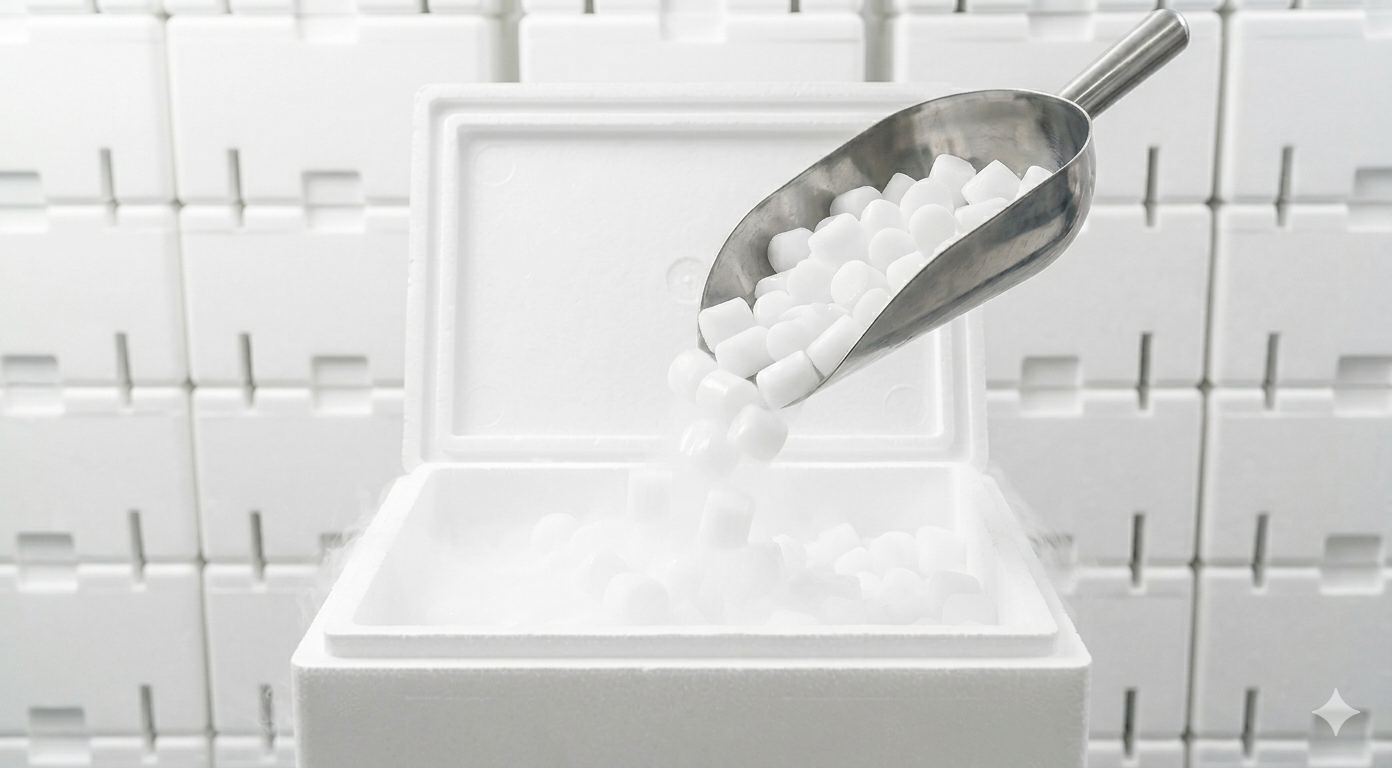 16mm dry ice pellets being poured into a white insulated box with vapor.