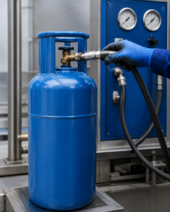Worker filling an industrial gas cylinder using a professional cylinder filling machine in Pakistan.