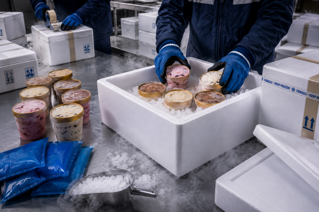 transport frozen food summer ice cream dry ice thermopore box packing Pakistan