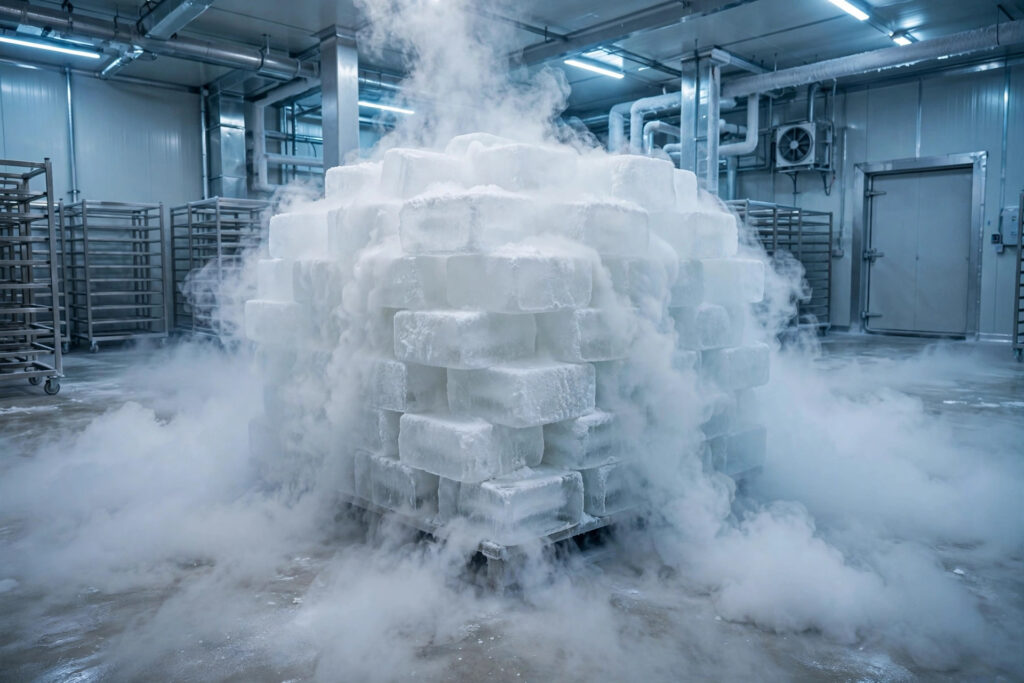 Dry ice blocks with cold vapor in cold storage