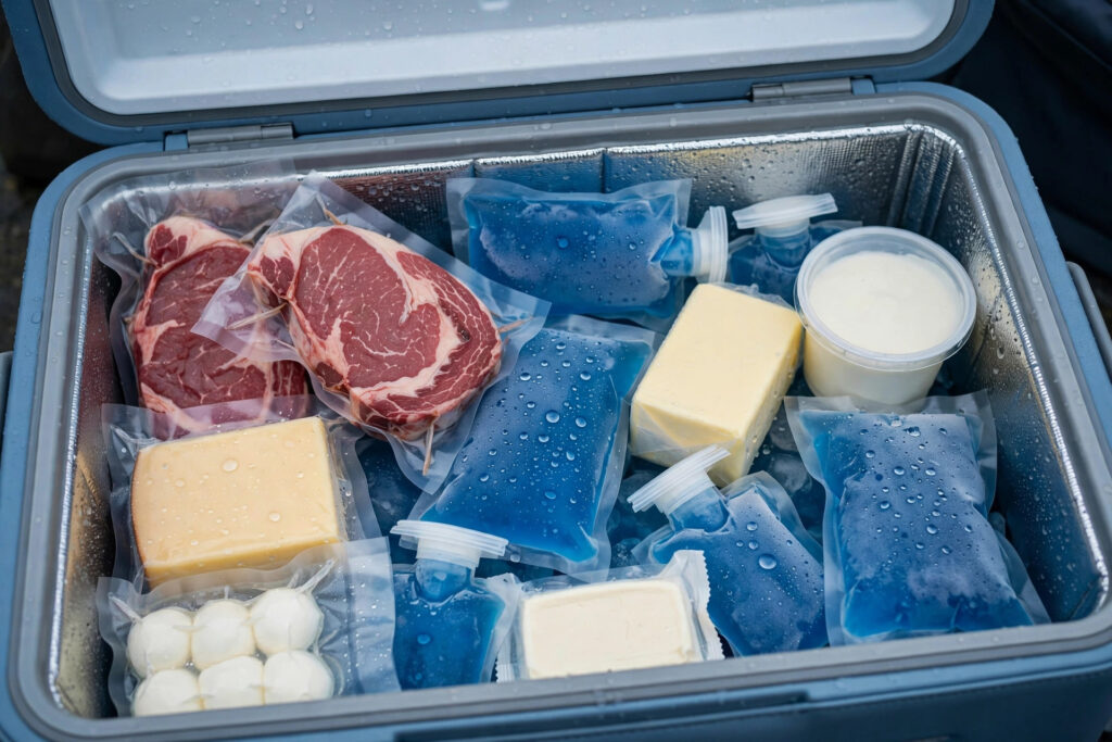 Meat and dairy packed with ice gel packs