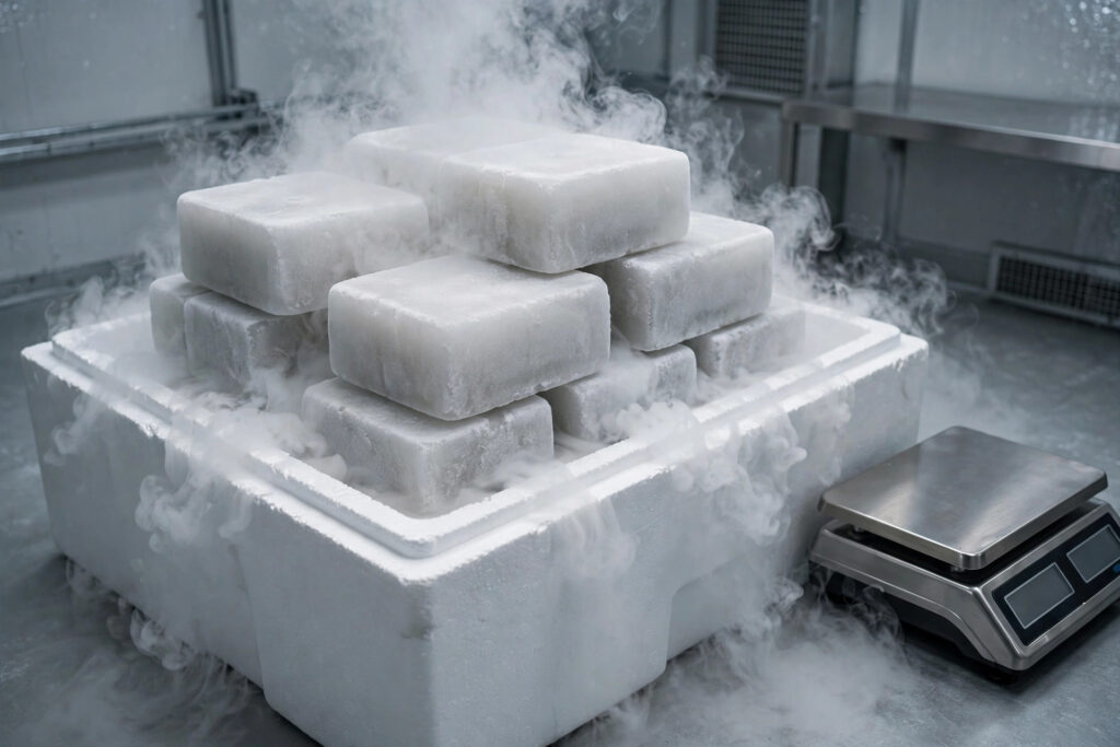 Dry ice blocks in insulated box with weighing scale - dry ice price in Pakistan