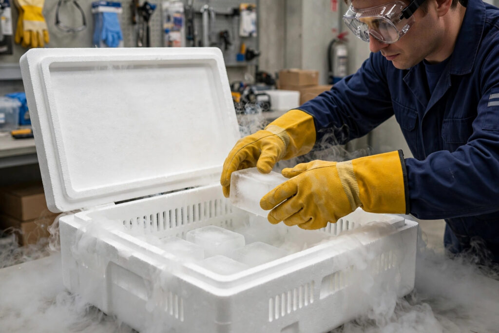 Safe dry ice storage with gloves and thermopore box - how to store dry ice