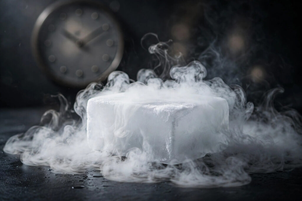 Dry ice block sublimating with clock - how long does dry ice last