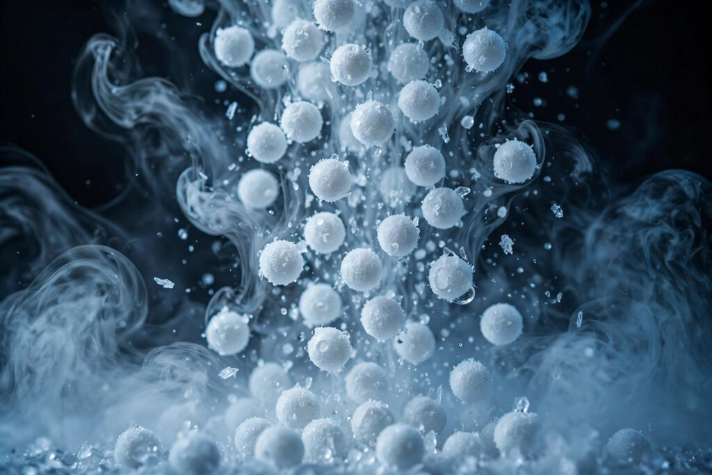 3mm dry ice pellets close-up with frost