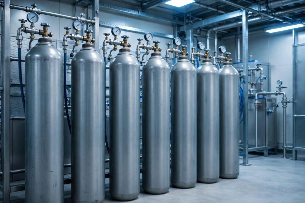CO2 gas cylinders at refilling station