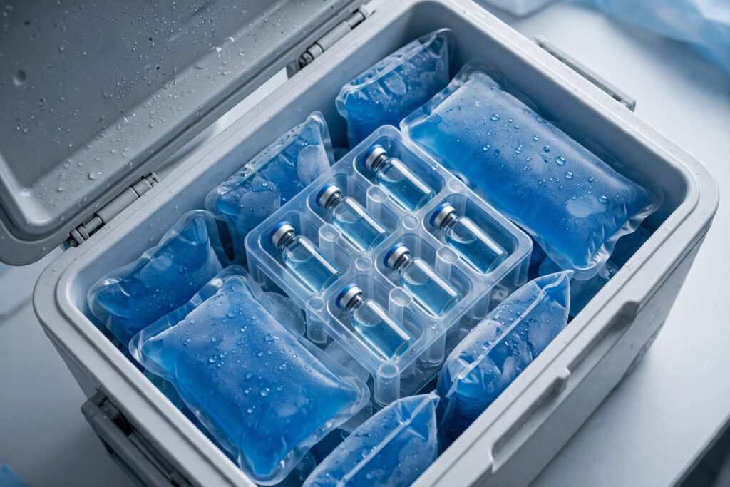 Ice gel packs with vaccines in medical cooler