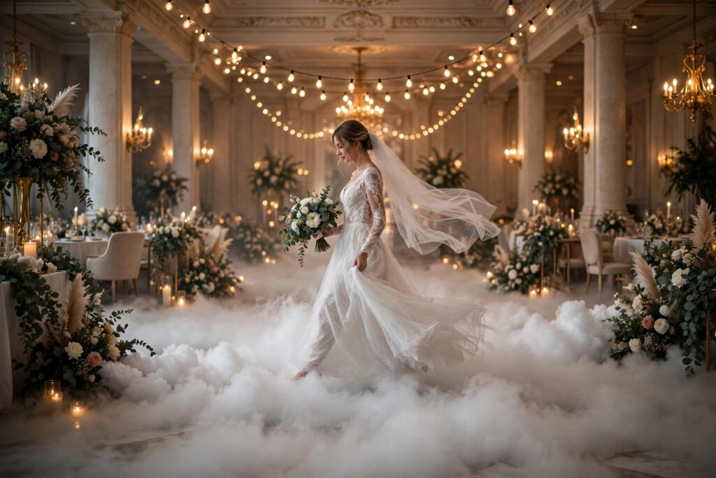 Bride entry with dry ice fog at wedding