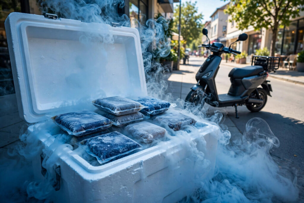 Frozen food delivery in insulated box on summer day